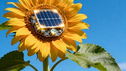 A small solar panel is installed in the center of a blooming sunflower, creatively blending nature with clean energy technology.