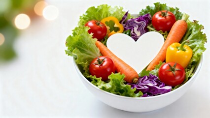 A salad bowl filled with colorful fresh vegetables like lettuce, tomatoes, carrots, and purple cabbage, with a white heart shape in the center, promoting healthy eating.