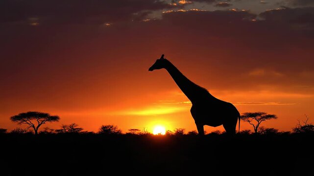 A majestic giraffe stands silhouetted against a vibrant African sunset over a savanna landscape