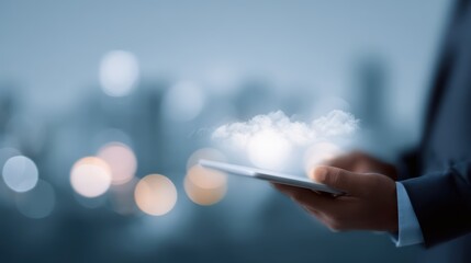 Businessman hand holding a tablet displaying a smart city layout with glowing cloud tech icons, blurred megapolis in background.