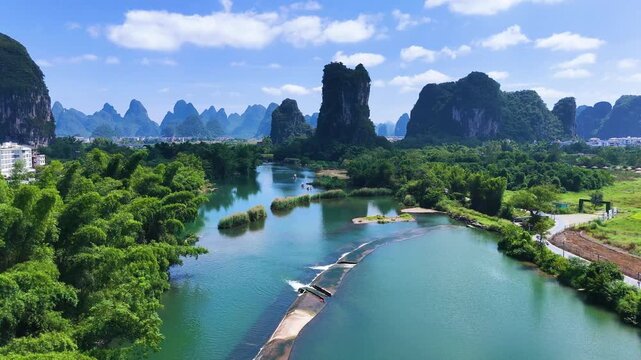Aerial view of Yulong River with karst peaks near Yangshuo in the Guangxi Region, China