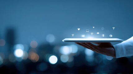 Empty digital tablet in a waiter hand, against a night cityscape filled with smart service icons, IoT, networks, and augmented reality themes.