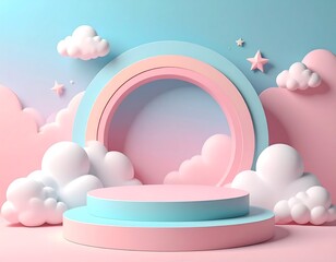 Pastel scene with a stage, rainbow arch, clouds, and stars