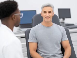 Fototapeta premium Mature man with gray hair is sitting in a medical office, smiling at a healthcare professional, showcasing a friendly consultation atmosphere in a modern clinic