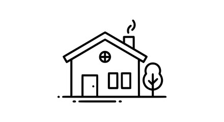 Simple Line Art Icon of a Cozy House with a Tree