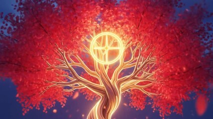 Glowing, crimson tree with swirling trunk and radiant central emblem