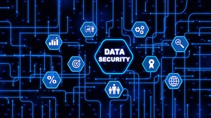 Data security data protection business technology privacy concept. Hi tech motion graphic technology dark background. Futuristic technological blue hologram analyzing data. 4k video - Powered by Adobe