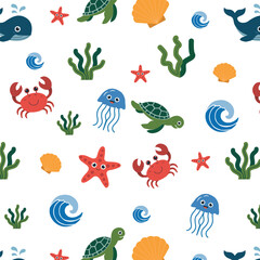 Cute Sea Animals Seamless Pattern with Turtle, Crab, and Whale