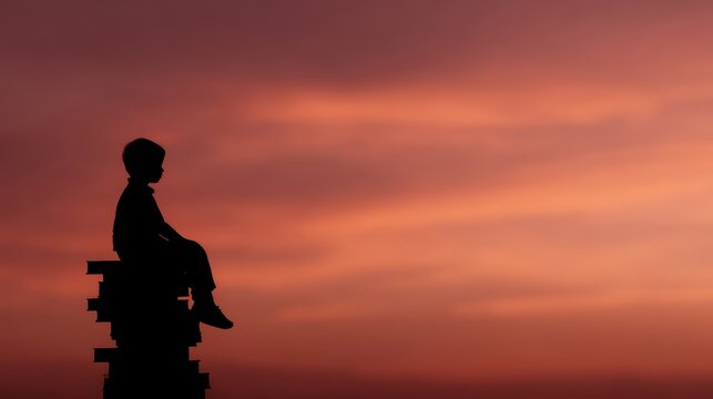 Happy cute industrious child sitting on a tower of books, sunset sky background, concept of education and reading, imaginative, cinematic