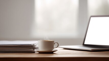 Obraz premium Wooden office desk, eye-level view: Laptop with a blank screen, stacked papers, and a steaming coffee cup. Minimalist, inviting.