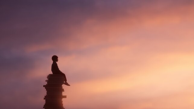 Happy cute industrious child sitting on a tower of books, sunset sky background, concept of education and reading, imaginative, cinematic