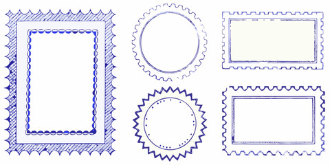 Collection of hand drawn blue postage stamp frames and borders with perforated edges on white background
