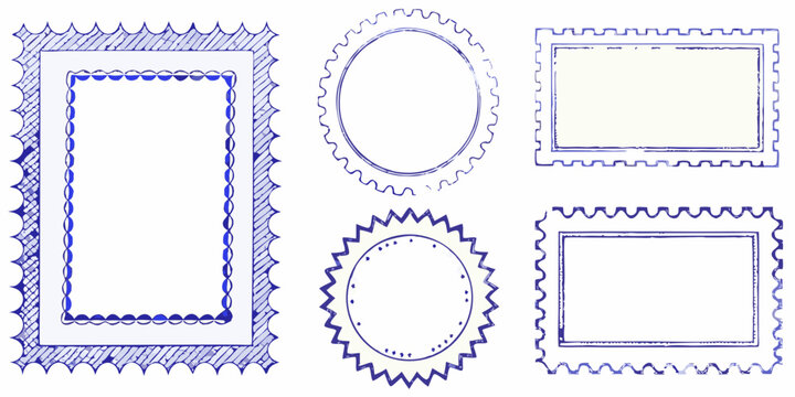 Collection of hand drawn blue postage stamp frames and borders with perforated edges on white background