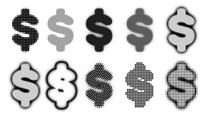 Halftone Vector set of Dollar Signs, Us Dollar Currency in Halftone Patterns