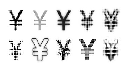 Halftone Vector set of Yen Signs, Yen Currency in Halftone Patterns