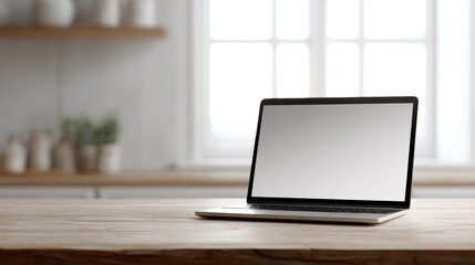 Wooden kitchen counter functioning as a home office, featuring an open laptop with a blank screen.