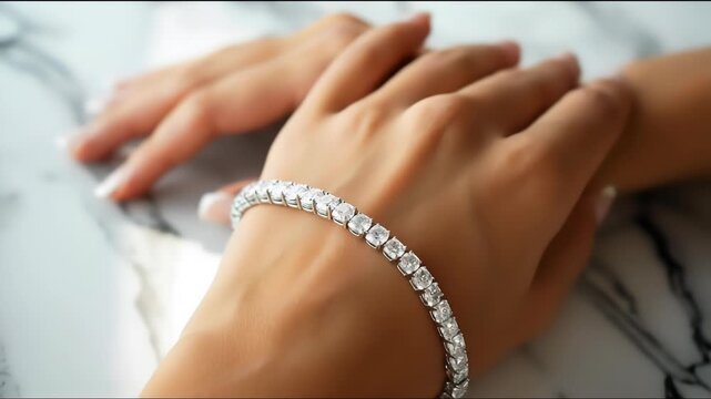 Close-up of a woman's hand elegantly wearing a tennis bracelet encrusted with numerous sparkling diamonds. The background features a soft-focus marble pattern, adding a touch of luxury.