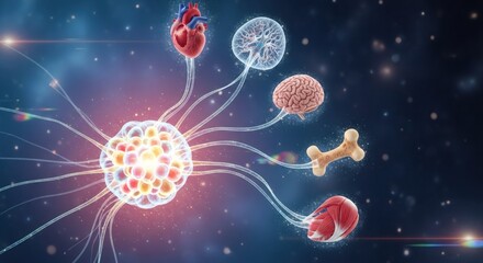 Human organs connected to a central cell, representing a complex biological system. Conceptual visualization of cellular connectivity and organism function.