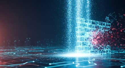 Digital data flow splitting into structured and unstructured information. Concept of Big Data analysis, organization, processing, storage, and cybersecurity.