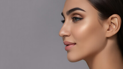 Naklejka premium Close up profile of a young woman with glowing skin and makeup