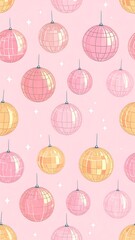 Repeating pattern of colored, reflective sphere decorations and star shapes