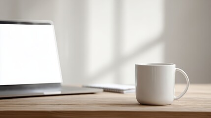 Office workspace: Laptop with empty white display, notebook, and coffee mug on a wooden desk. Space for text.