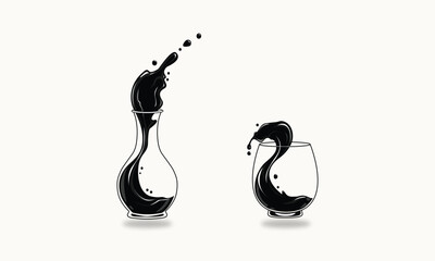 Two glasses with black liquid splashing out isolated on white background