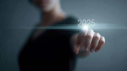 Woman interactively updates data, transitioning "2025" to "2026" with a touch gesture.