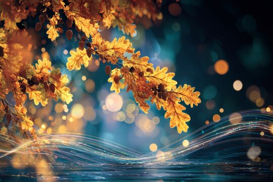 Golden oak leaves and acorns: nature's poetry in autumn sunlight. Signal transmission. Radiant fall landscape: vivid oak leaves, acorns, and a tranquil stream. Internet connectivity.