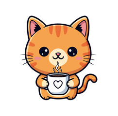 Funny Cute Cartoon Cat Illustration Holding Coffee Mug | Kawaii Style Vector T-Shirt Design with Clean Bold Lines