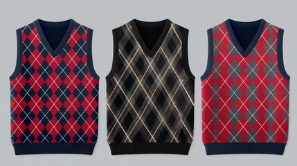 Holiday vest template flat lay. Argyle pattern sweater vest. Navy and red diamond design