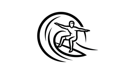 Dynamic black line art illustration of a surfer riding a powerful ocean wave.