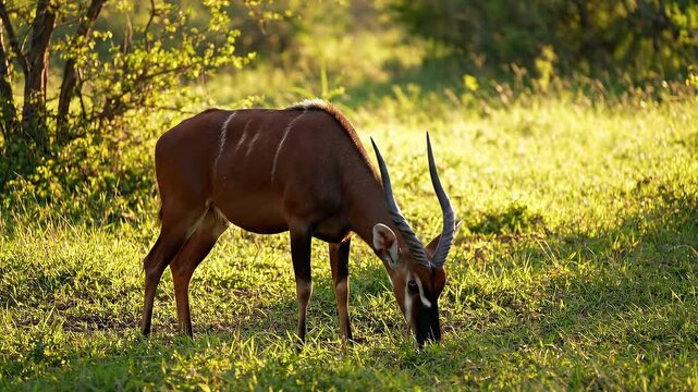 A solitary bongo antelope grazing in a sunlit grassland at dawn