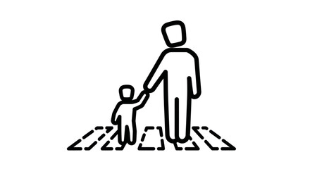Parent and child crossing street on pedestrian crosswalk safety icon.