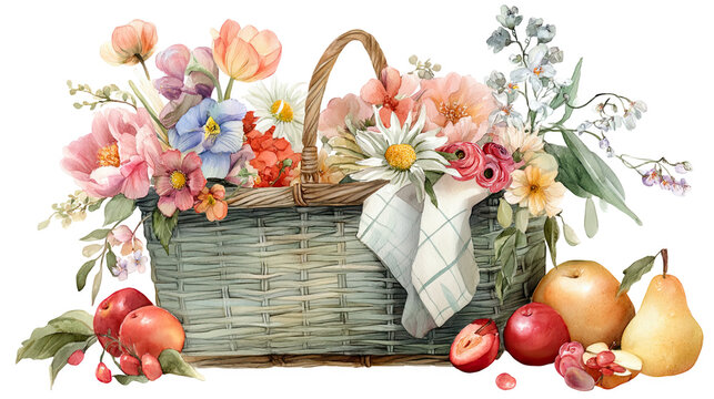 Watercolor picnic basket with spring flowers and fruits, transparent