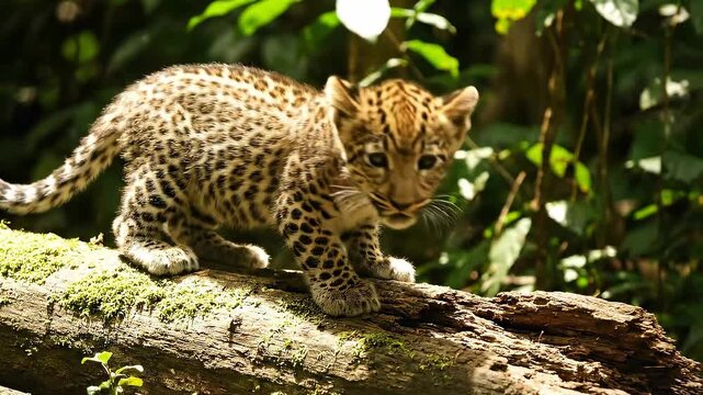 A young leopard cub with distinctive spotted fur carefully walks along a moss-covered fallen tree trunk in a lush green jungle habitat surrounded by dense foliage