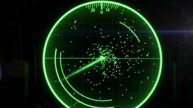 Green radar screen displays numerous blips and a prominent sweep