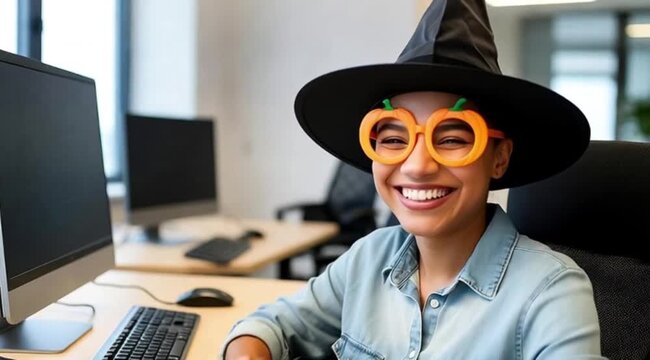 Cheerful Office Woman in Witch Hat and Pumpkin Glasses Smiling and Waving Playfully &ndash; Halloween Celebration.