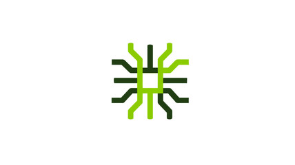 Obraz premium Abstract green technological circuit pattern, digital data flow network icon, interconnected lines graphic design element.
