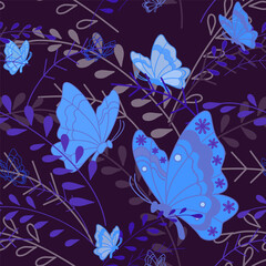 Dark blue butterfly vector seamless pattern. Night butterflies vector art line illustration. Calm background classic style in dark colors. Decor for home.