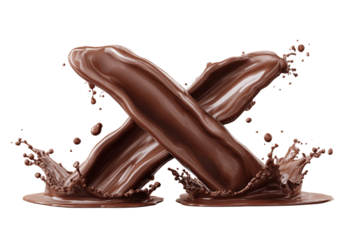 Chocolate Splashes Forming Letter X isolated on a transparent background