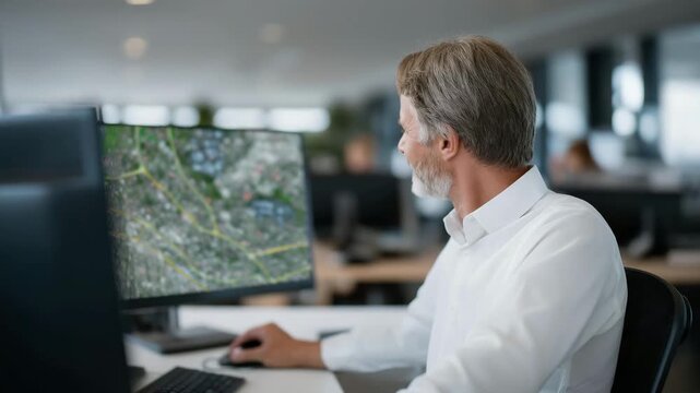 Urban planner smiling while simulating smart traffic flow scenarios, symbolizing AI-driven city management, predictive analytics, and emotional satisfaction from efficient urban solutions.