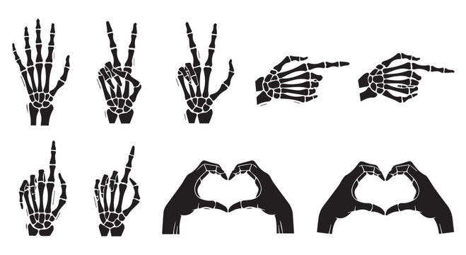 Skeleton hand gestures and heart shapes isolated on transparent background
