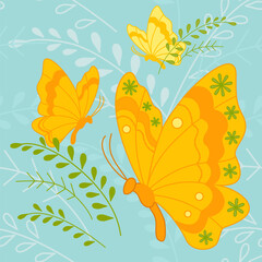 Yellow butterfly on blue background. Cute summer vector illustration. Classic decor for kids. Decor for home, clothes, dishes, etc.