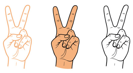 Fototapeta premium Victory hand gesture in outline, color, and line art isolated on transparent background