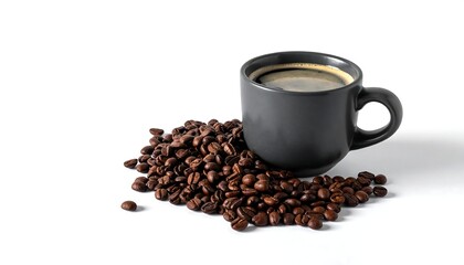 Dark coffee in grey mug, coffee beans