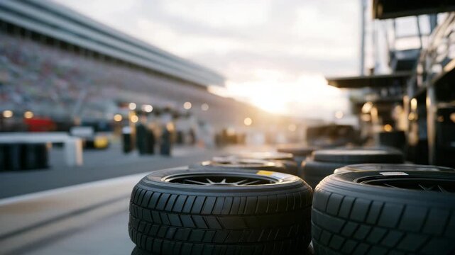 A race team stacks spare tires in a pit lane, with rubber gleaming, labels marking compounds, a crew chief checking pressures, and a track roaring in the distance, shown in a organized photo with