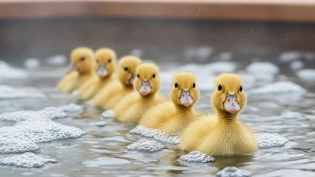 Cute ducklings in a row in bubbly water