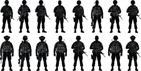 Tactical soldier silhouette vector, military gear lineup, armed forces illustration, combat unit design, black graphic, war themed artwork
