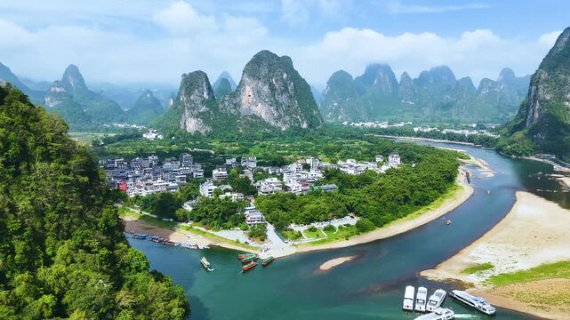 View of Li River with karst peaks at Xingping Ancient Town in the Guangxi Region, China